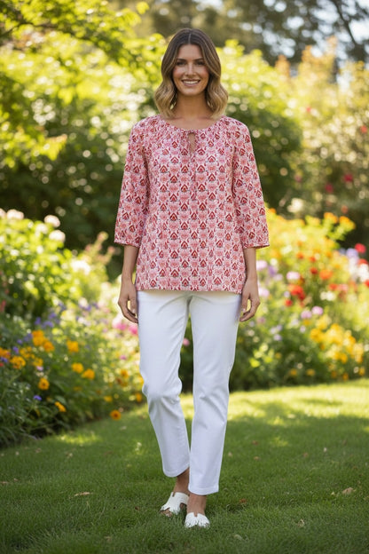 Raglan sleeve round neck print top with tie front opening 583 Multi
