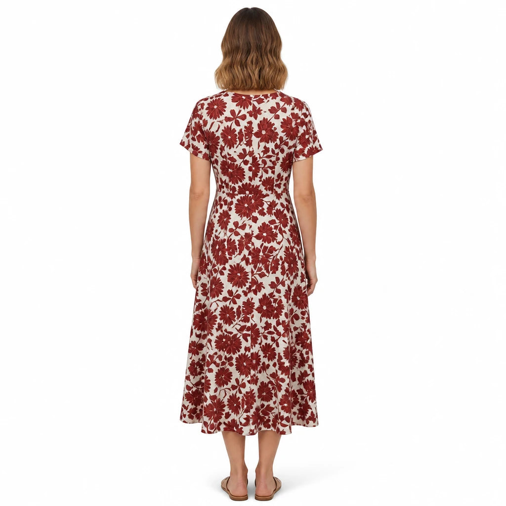 Printed Midi Keyhole Linen Blend Dress #7270 – Navy & Cranberry