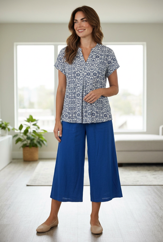 Wide Leg Linen Blend Culotte Pant with Pockets #6678 – Cobalt