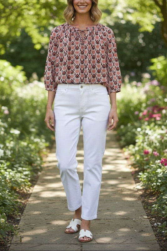 Raglan sleeve round neck print top with tie front opening 583 Multi