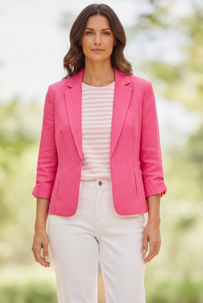 Women's Cotton Linen Summer Jacket #9300 - Pink/Blue/White