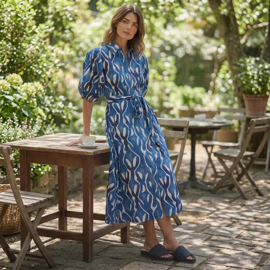 A woman stands outdoors at a wooden table in a garden patio setting, wearing a blue midi dress with a white and navy abstract wavy pattern, puff sleeves, and a tie waist. She is wearing dark blue slide sandals.