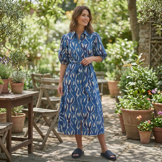 A woman wearing a blue and white patterned midi shirt dress stands in a garden patio setting with wooden chairs and potted plants.