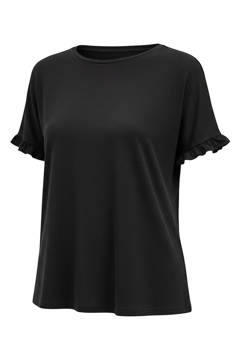 Equinox Clothing black Tencel short-sleeve top with delicate ruffle trim on the sleeves and a classic round neckline.