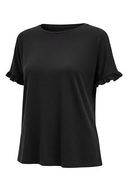 Equinox Clothing black Tencel short-sleeve top with delicate ruffle trim on the sleeves and a classic round neckline.