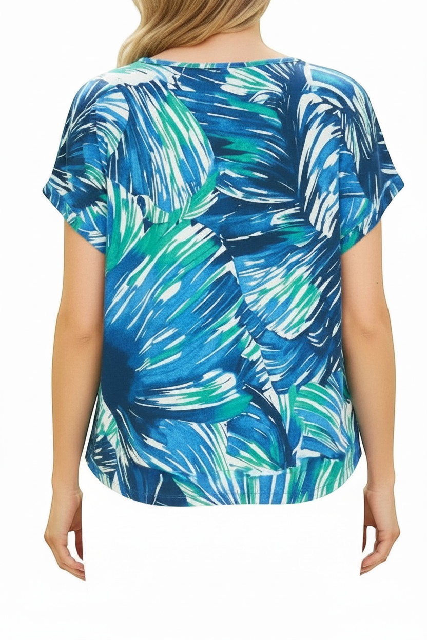 Back view of Equinox Clothing blue printed jersey t-shirt with short sleeves and a relaxed fit on a model