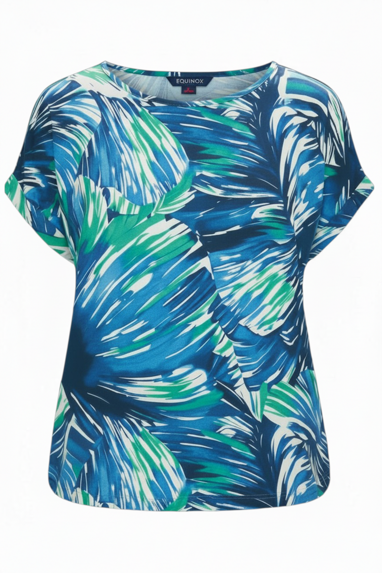 Equinox Clothing blue short sleeve jersey t-shirt with a feminine tropical leaf print in a lightweight stretch fabric