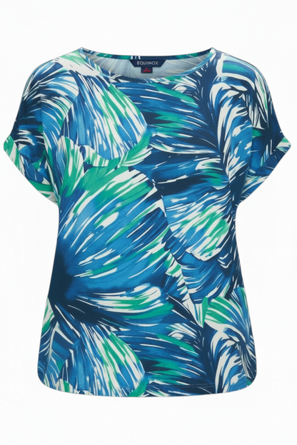 Equinox Clothing blue short sleeve jersey t-shirt with a feminine tropical leaf print in a lightweight stretch fabric