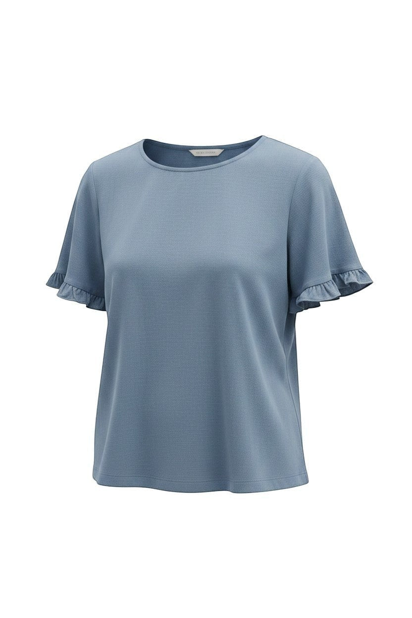 Equinox Clothing blue Tencel short-sleeve top with delicate ruffle trim on the sleeves and a round neckline.