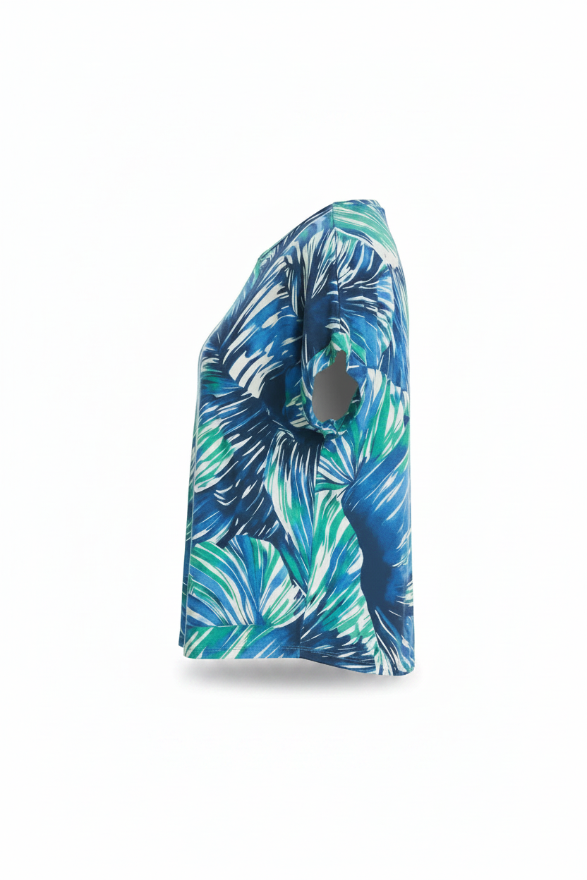 Equinox Clothing blue and green tropical leaf print short sleeve jersey t-shirt in a side profile view.