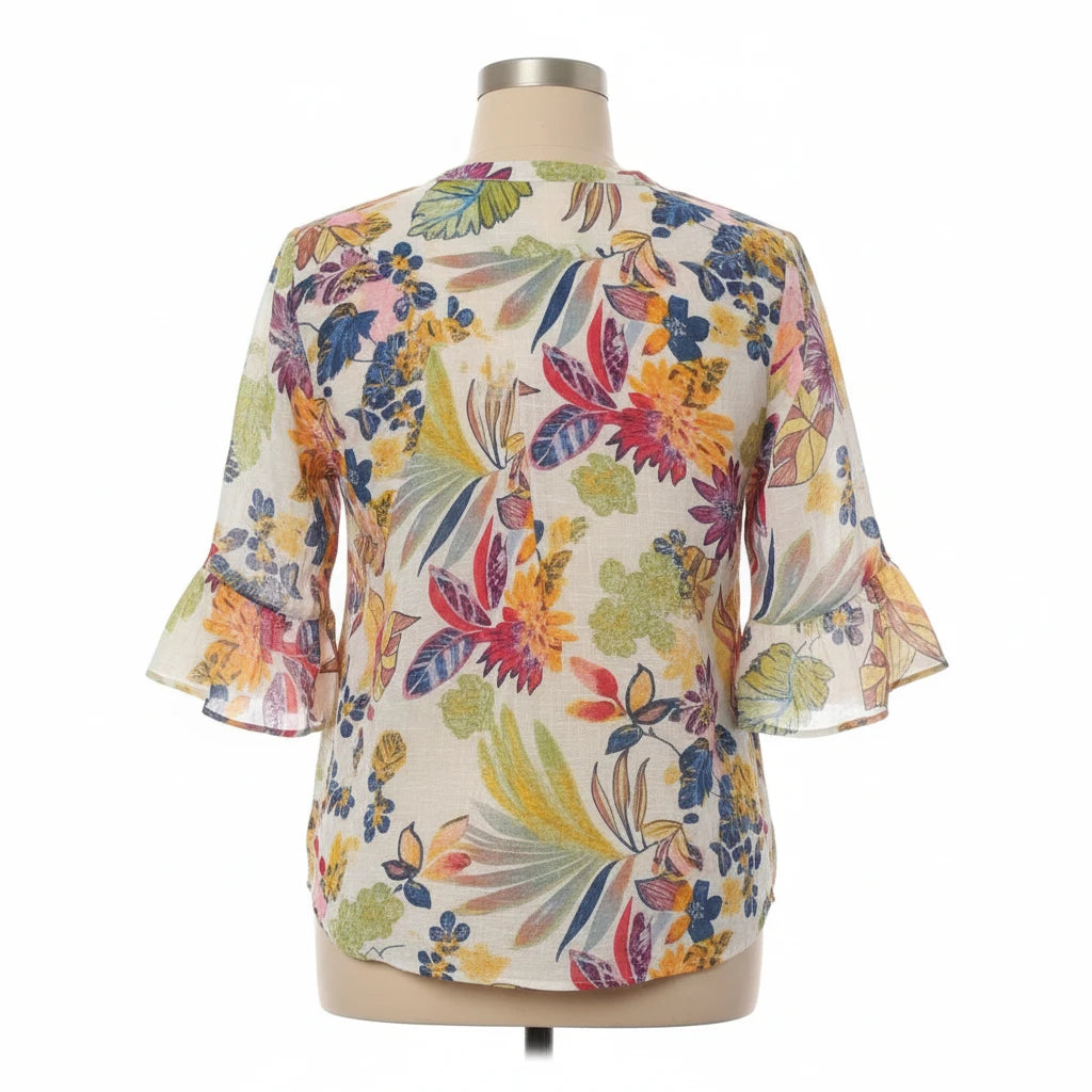 Equinox Clothing white multi floral print shirt with 3/4 bell sleeves and a back view on a mannequin