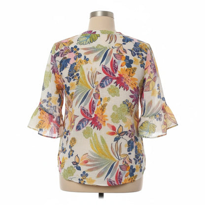 Equinox Clothing white multi floral print shirt with 3/4 bell sleeves and a back view on a mannequin