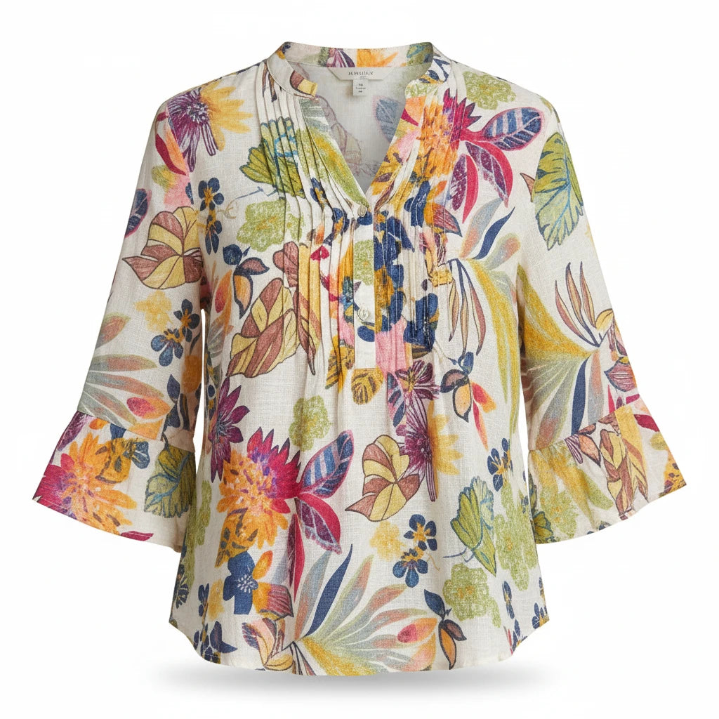 Equinox Clothing white multi floral print shirt with 3/4 bell sleeves and a pleated front neckline