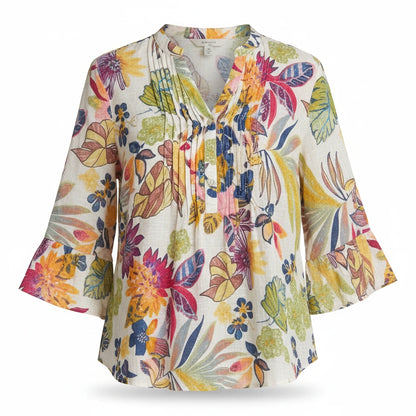 Equinox Clothing white multi floral print shirt with 3/4 bell sleeves and a pleated front neckline