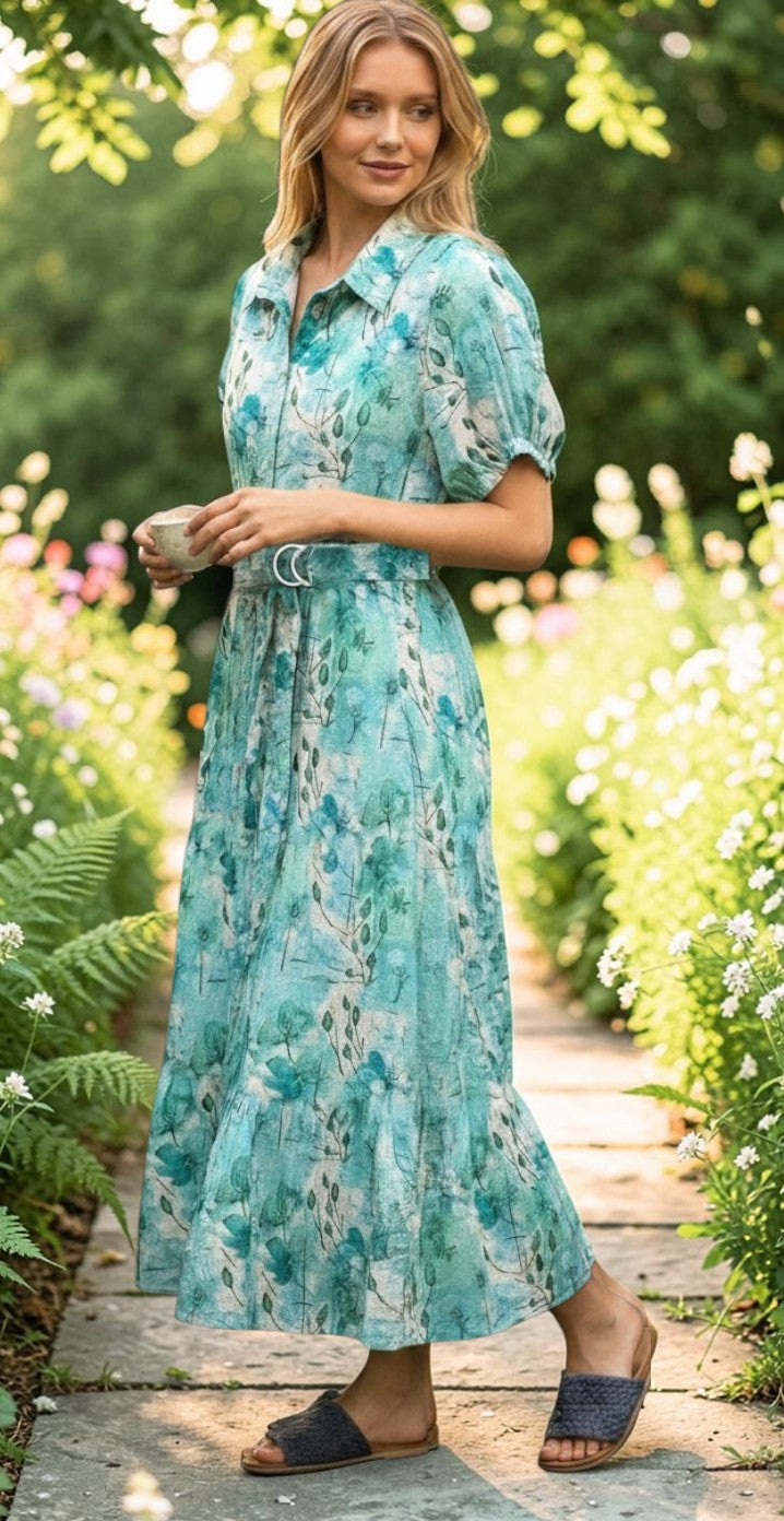 Equinox Clothing Matisse print midi shirt dress in teal and blue with a belted waist and short puff sleeves