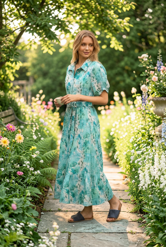 A woman stands on a stone garden path wearing a long, short-sleeve button-up dress with a teal and green floral print. The background is a lush, sunlit garden with flowers and green foliage.