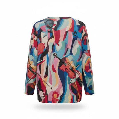 Back view of Equinox Clothing Musica print lightweight knit sweater with artistic violin and abstract patterns