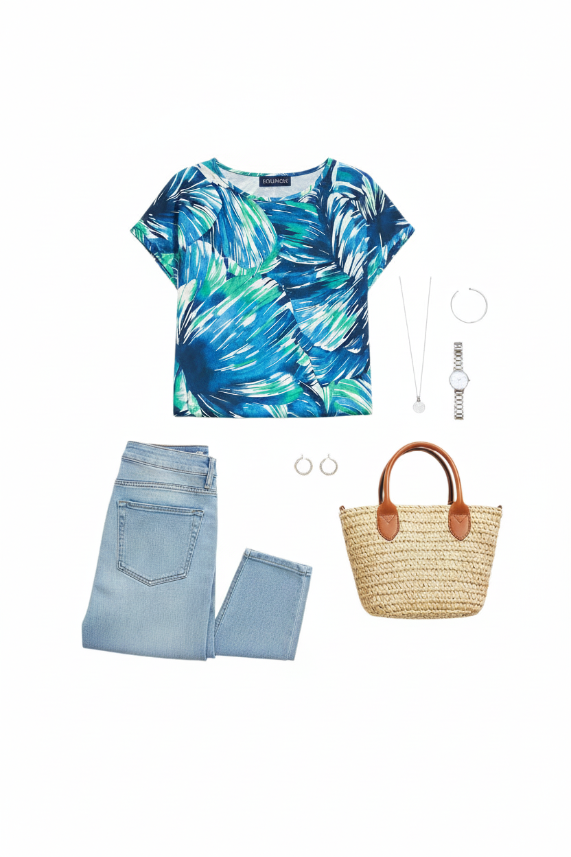 Equinox Clothing printed blue short sleeve jersey t-shirt styled with light wash jeans, straw bag, and silver jewelry.