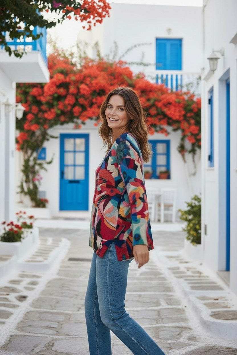 Equinox Clothing woman wearing a printed V-neck knit sweater with blue jeans in a Mediterranean village setting