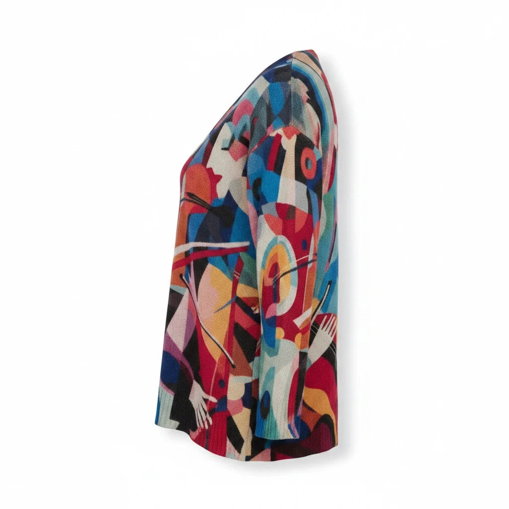 Side view of Equinox Clothing lightweight V-neck sweater in Musica abstract print with vibrant multi-coloured knit