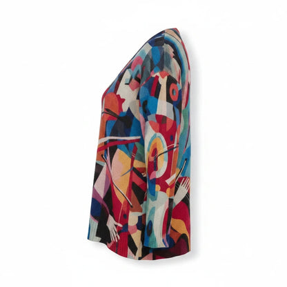 Side view of Equinox Clothing lightweight V-neck sweater in Musica abstract print with vibrant multi-coloured knit