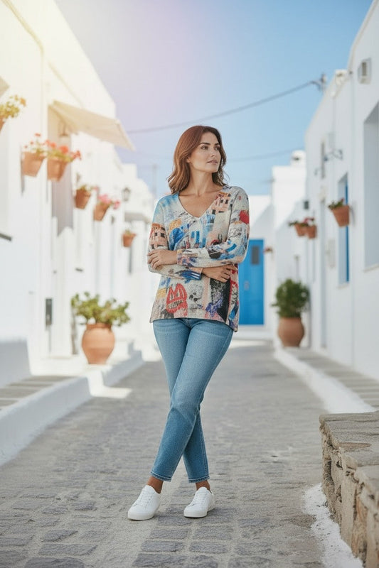 Equinox Clothing printed V-neck knit sweater in Santorini design worn by a woman with blue jeans and white sneakers