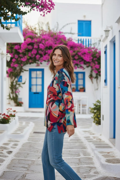 Equinox Clothing printed V-neck knit sweater in Musica pattern worn by a woman with blue jeans in a Greek village