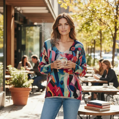 Woman wearing an Equinox Clothing Musica print V-neck knit sweater with jeans at an outdoor cafe