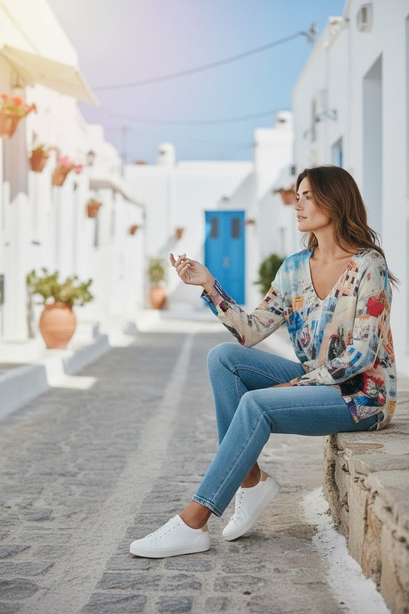Woman wearing an Equinox Clothing printed V-neck knit sweater and jeans, sitting on a stone wall in a Mediterranean town