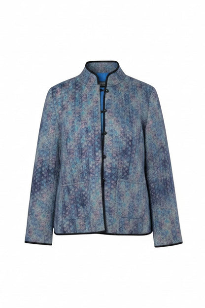 Equinox Clothing reversible oriental jacket in blue and black cotton-polyester blend with patch pockets.