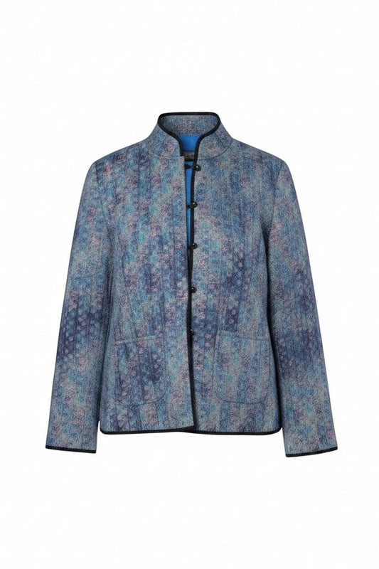 Equinox Clothing reversible oriental jacket in blue and black cotton-polyester blend with patch pockets.