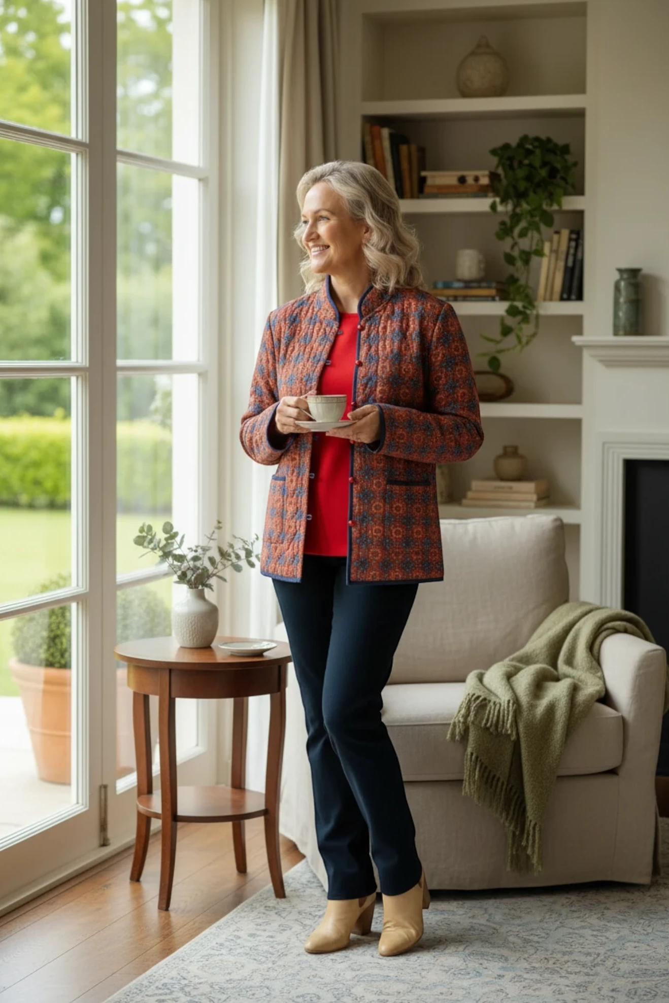 Equinox Clothing reversible oriental quilted jacket in red and navy with button loops, worn by a woman in a home setting.