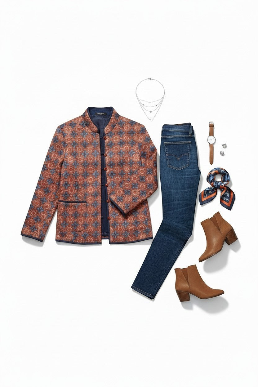 Equinox Clothing reversible oriental jacket in red and navy with quilted pattern, styled with jeans and boots.