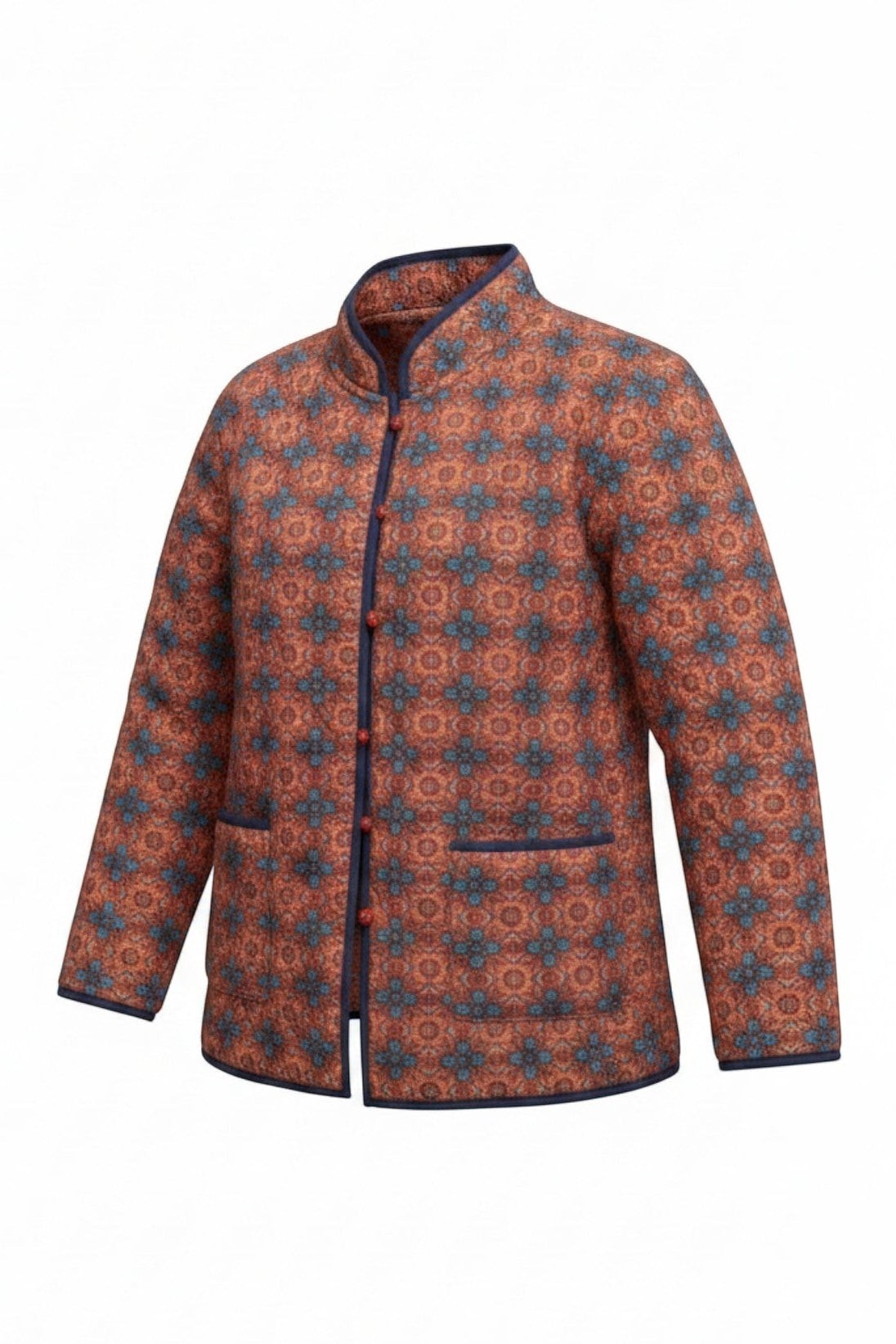 Equinox Clothing reversible oriental jacket in red and navy with quilted fabric, mandarin collar, and patch pockets.