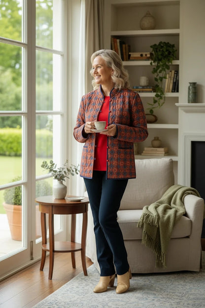 Equinox Clothing reversible oriental quilted jacket in red and navy worn by a woman standing in a bright living room.