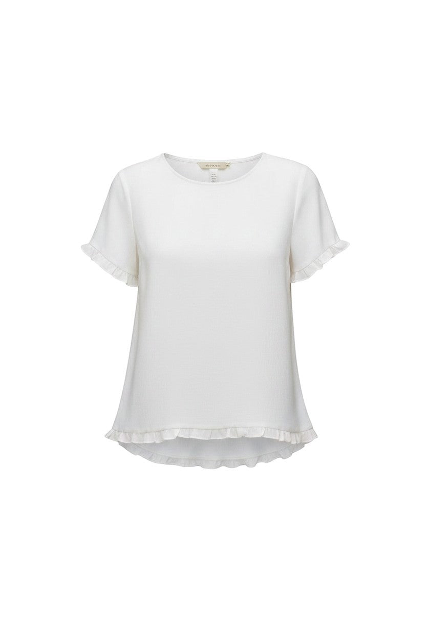Equinox Clothing white Tencel short-sleeve top with feminine ruffle trim on the sleeves and hemline.