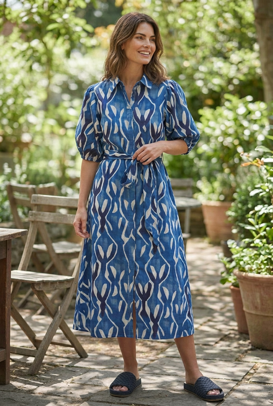 Ocean Blue Print Belted Shirtmaker Midi Dress #7003
