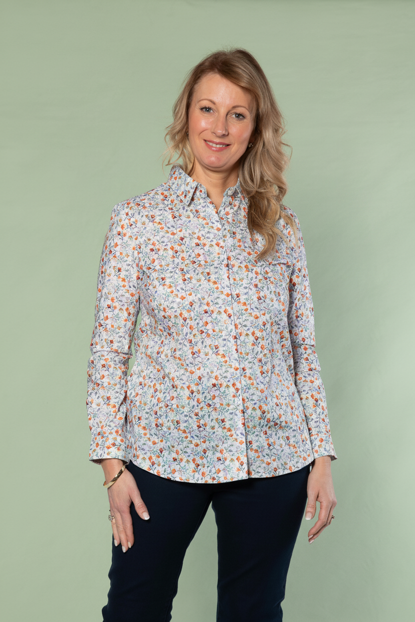 Paprika floral shirt on sage green background