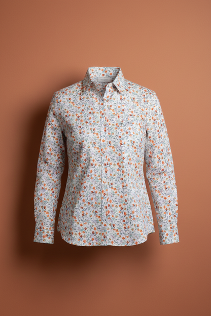 Paprika floral shirt on terracotta background