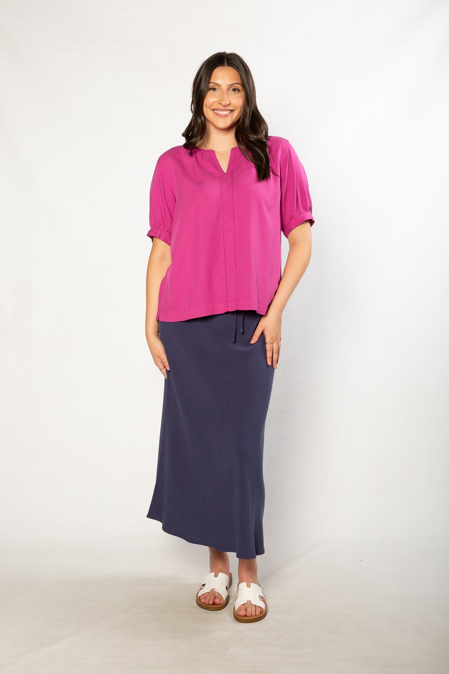 Soft Tencel Blend Pop Over Top with Fagotting Detail #515 Pink