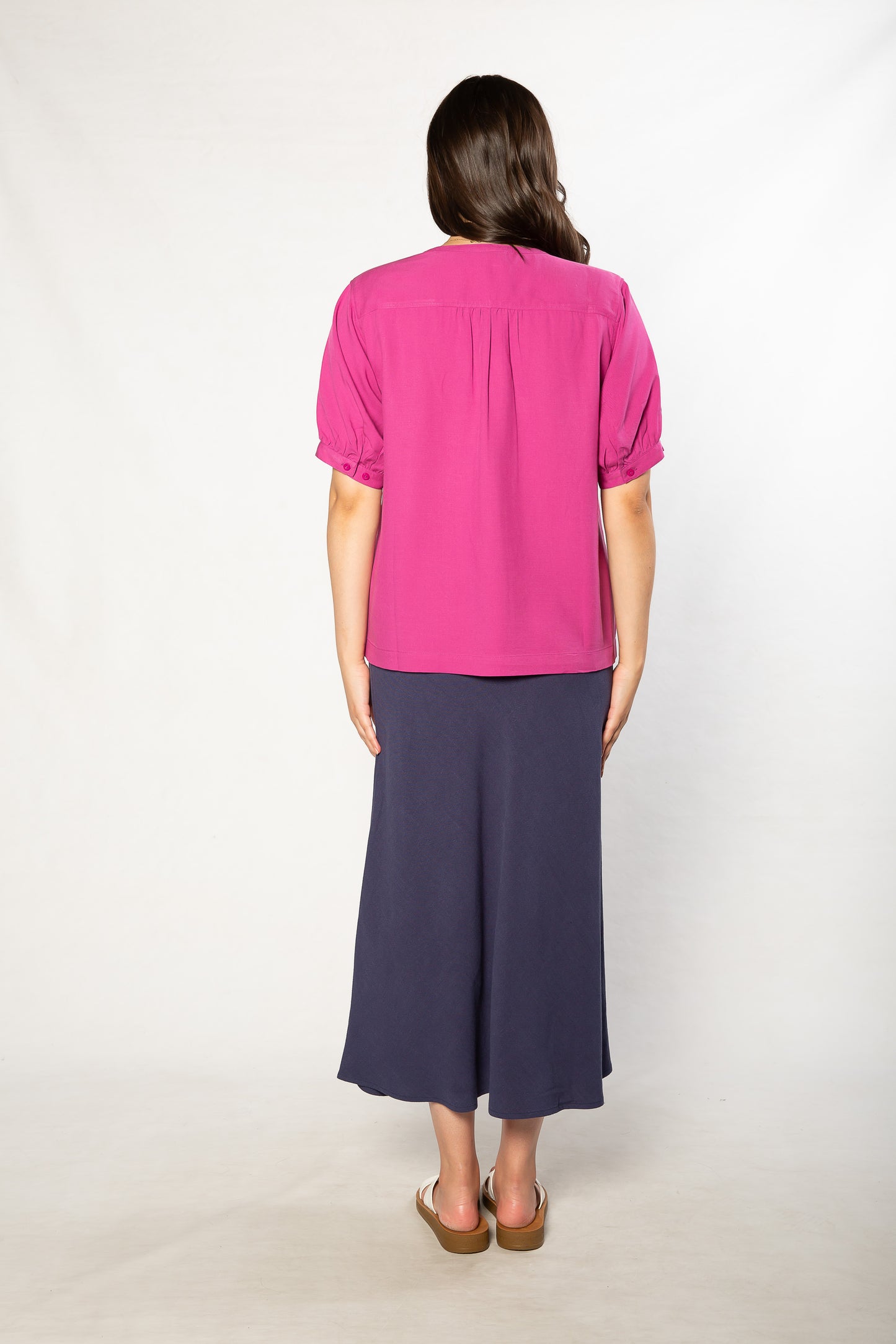 Soft Tencel Blend Pop Over Top with Fagotting Detail #515 Pink