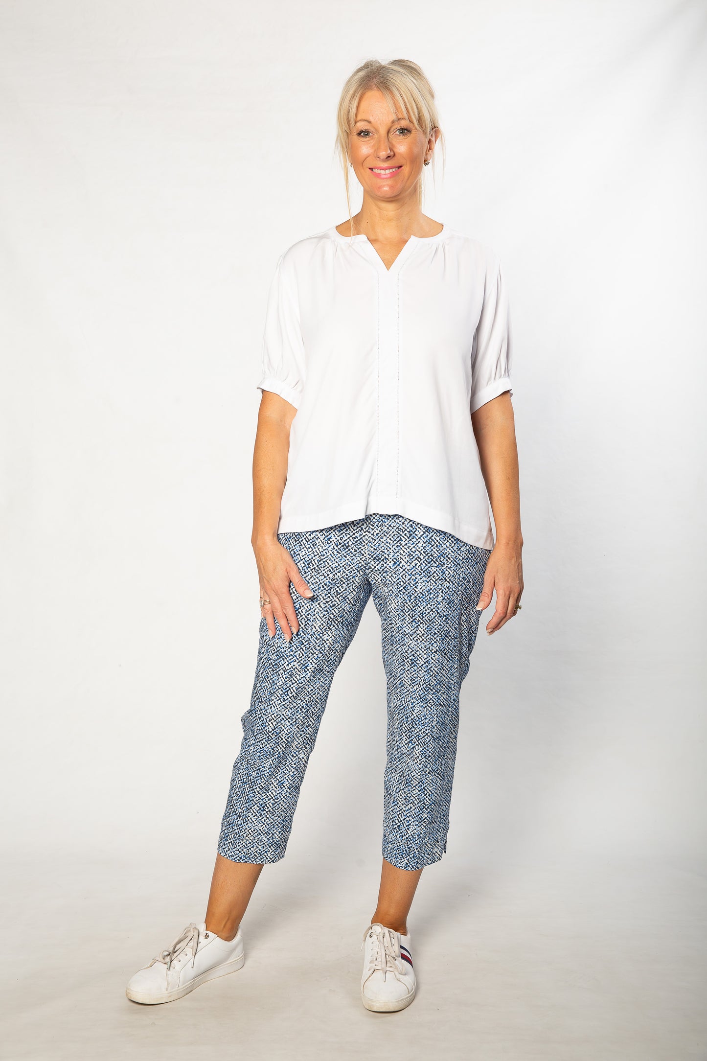 Soft Tencel Blend Pop Over Top with Fagotting Detail #515 White