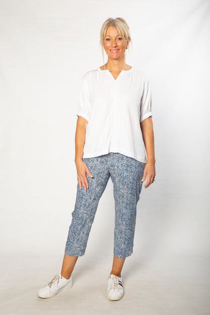 Soft Tencel Blend Pop Over Top with Fagotting Detail #515 White