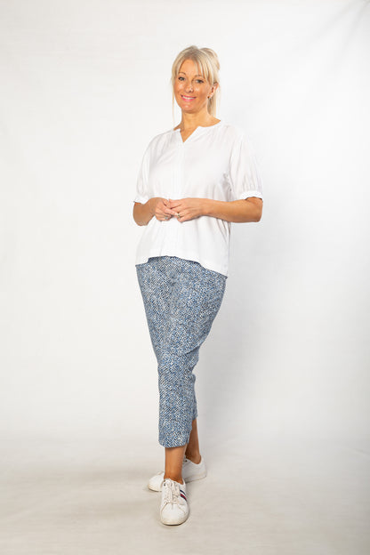 Soft Tencel Blend Pop Over Top with Fagotting Detail #515 White