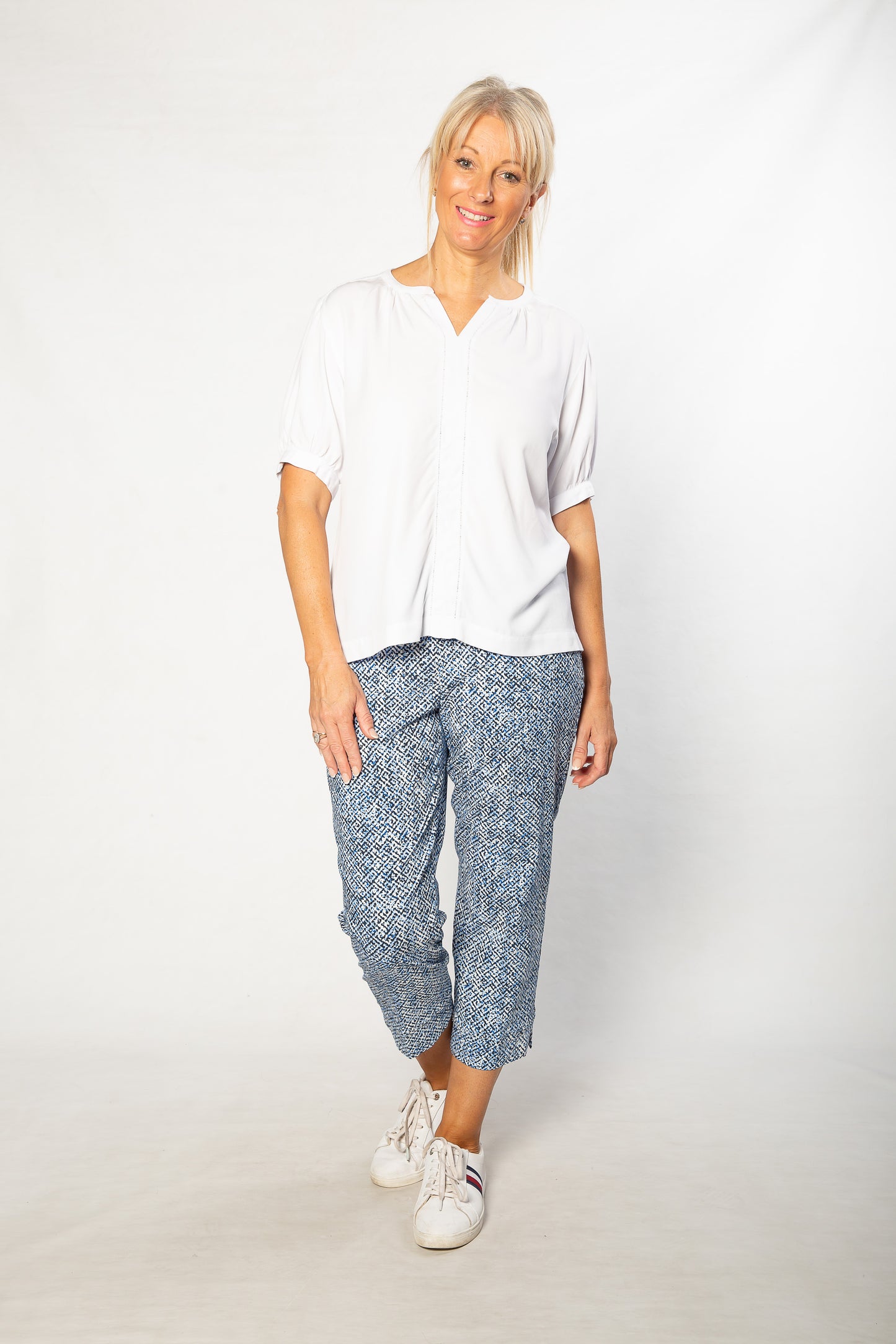 Soft Tencel Blend Pop Over Top with Fagotting Detail #515 White