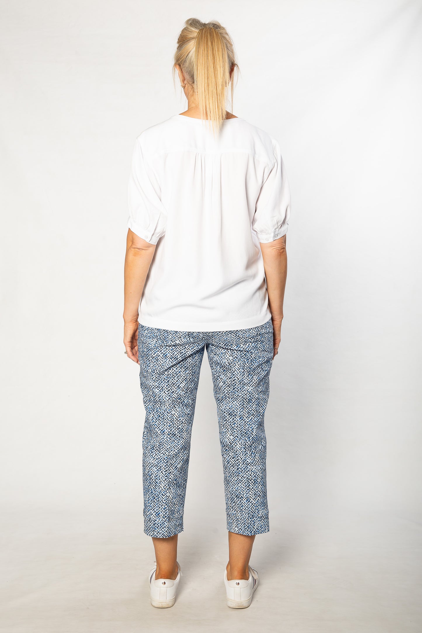 Soft Tencel Blend Pop Over Top with Fagotting Detail #515 White