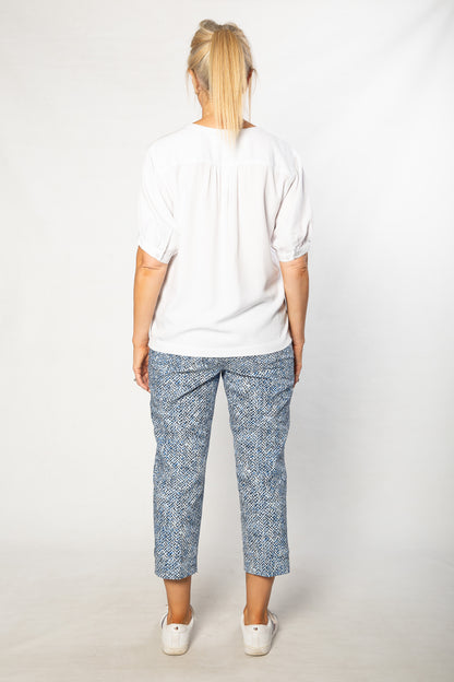 Soft Tencel Blend Pop Over Top with Fagotting Detail #515 White