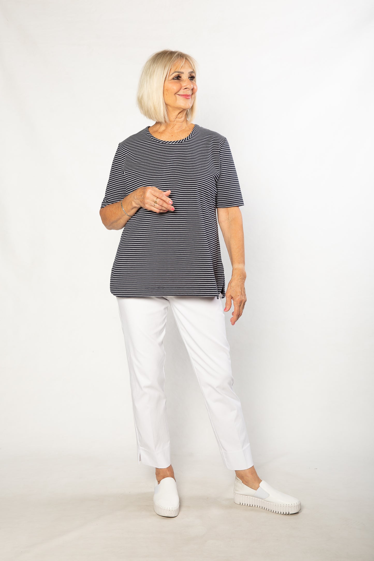 Stretch Short Sleeve round neck Yarn Dyed Stripe T-Shirt #147 - Navy/White