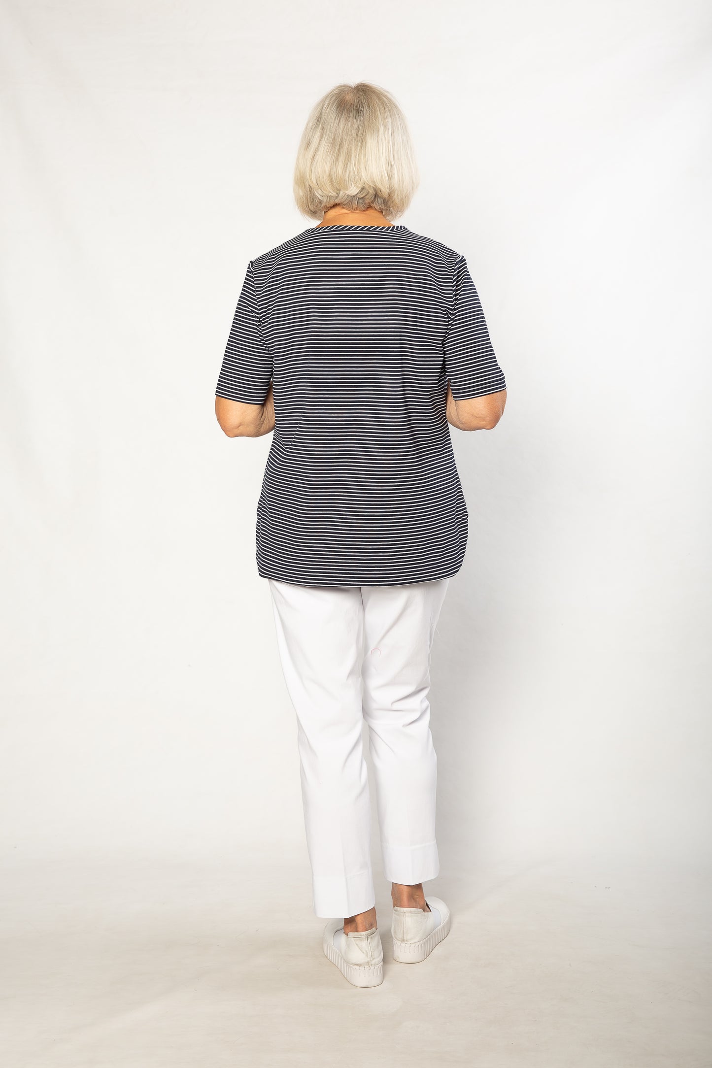 Stretch Short Sleeve round neck Yarn Dyed Stripe T-Shirt #147 - Navy/White