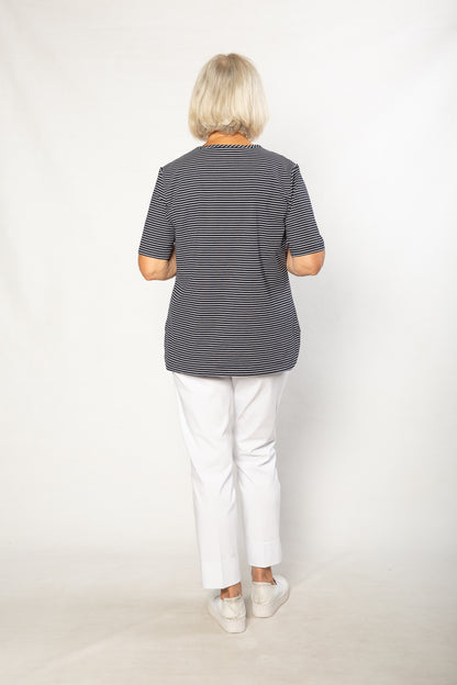Stretch Short Sleeve round neck Yarn Dyed Stripe T-Shirt #147 - Navy/White